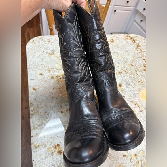 Vintage Black Cowboy Boots Men’s 9D Flame Stitched Leather Western Pull On Chore - Picture 5 of 9